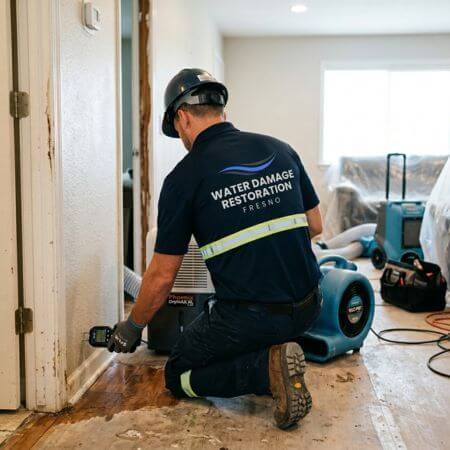 A man in a blue shirt and vest works on a floor during a water damage restoration project.
