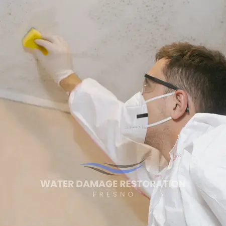 Mold remediation technician cleaning an affected wall in Fresno, California